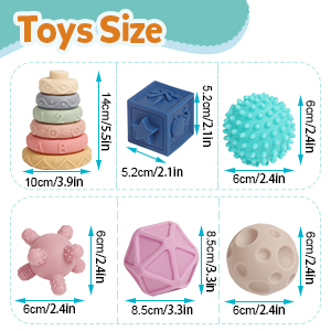 Image showing the size of the 23 Piece Toys. Stacking Rings -14cm*10cm Blocks - 5.2cm*5.2cm Balls -8.5cm*8.5cm