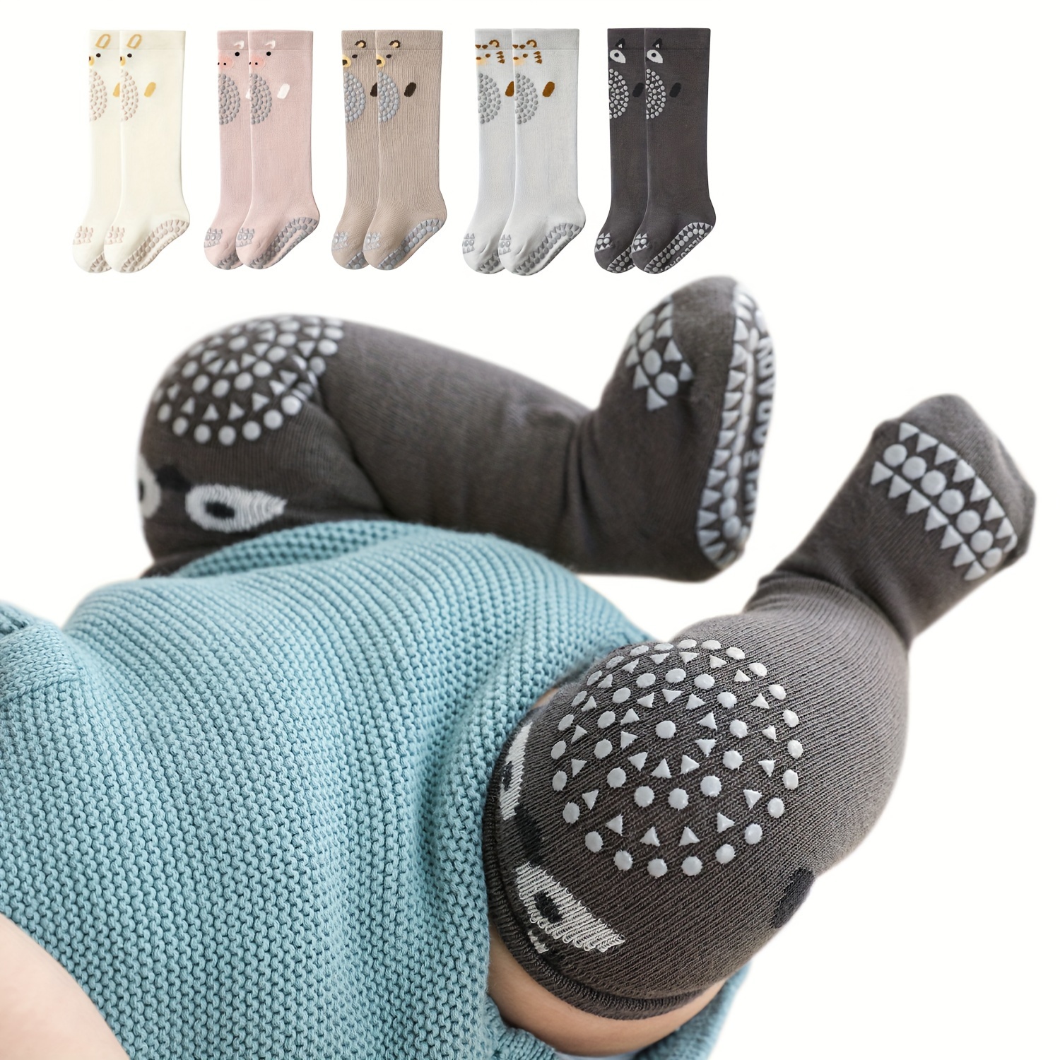 5 Pairs Baby Anti-Slip Crawling Socks – Soft Neutral Long Socks for Safe Crawling & First Steps - Image 3