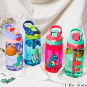Kids BPA-Free Tritan Water Bottle – 480ml Leak-Proof Flip Straw Bottle with Cute Dinosaur Prints