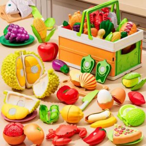25 Piece Kids Velcro Fruit Vegetable Protein Simulation Toy with Collapsible Basket 3+ Years