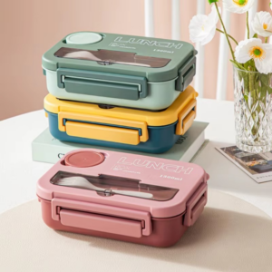 1300ml 4 Compartment Leakroof Bento Lunchbox with Cutlery Set Blue Green Pink Office School Travel Gift