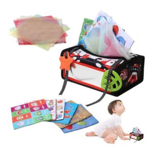 Causality Soft Box00 Baby Montessori Multi Play Soft Activity Tissue Box with Teethers, Mirror, Tear Resistant Cognitve Crinkle and Gauze Paper 3M+ Black/Red