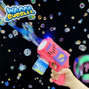 Bubble Gun05 Automatic Bubble Gun for Kids – 20-Hole Bubble Blaster with LED Lights & Bubble Solution Bottle Pink
