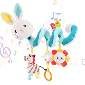 Spiral Toys02 New Baby Spiral Plush Sensory Toy with Crinkle Paper, Teether, Built in Rattle, Music, Bell and Squeaky Button Blue Bunny