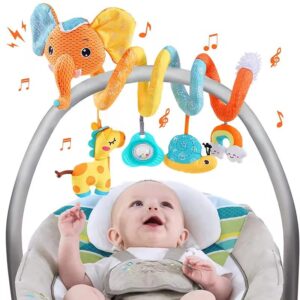 New Baby Spiral Plush Sensory Toy with Crinkle Paper, Teether, Built in Rattle, Music, Bell and Squeaky Button Elephant