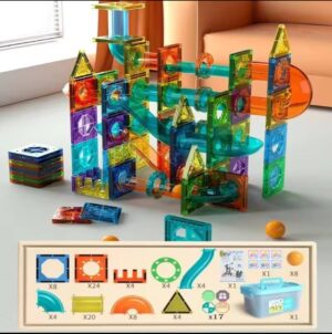 105 Magnetic Tiles 105-Piece Magnetic Tiles Marble Run Building Set with Storage Box – STEM Building Blocks for Kids