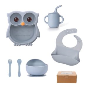 6 piece Silicone Feeding Set01 6 piece Cute Owl Silicone Feeding set Owl-Shaped Suction Plate, Sippy Cup, Bib, Bowl and cutlery set BPA-Free Weaning Set for Babies and Toddlers Blue
