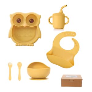 6 piece Silicone Feeding Set03 6 piece Cute Owl Silicone Feeding set Owl-Shaped Suction Plate, Sippy Cup, Bib, Bowl and cutlery set BPA-Free Weaning Set for Babies and Toddlers Yellow