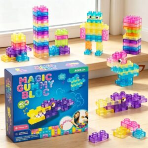 Gummy Blocks Magic Gummy Bloc – 40PCS Squishy Silicone Building Blocks, Sturdy Safe Sensory Toy for Kids Ages 3+
